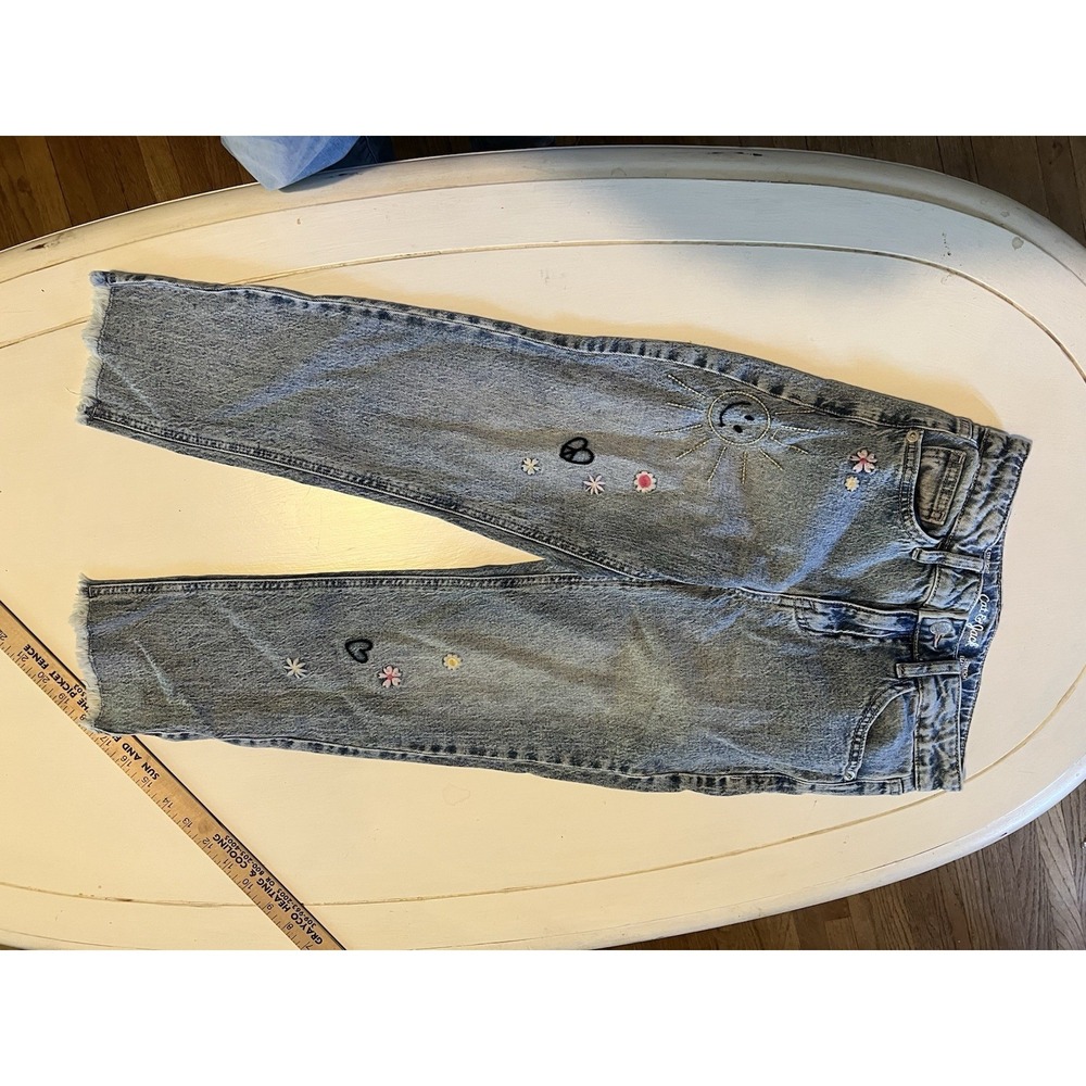 Cat & Jack Girls Jeans Artsy Embroidered Smiley Sun Flowers Hearts Raw Hem Sz 8‎